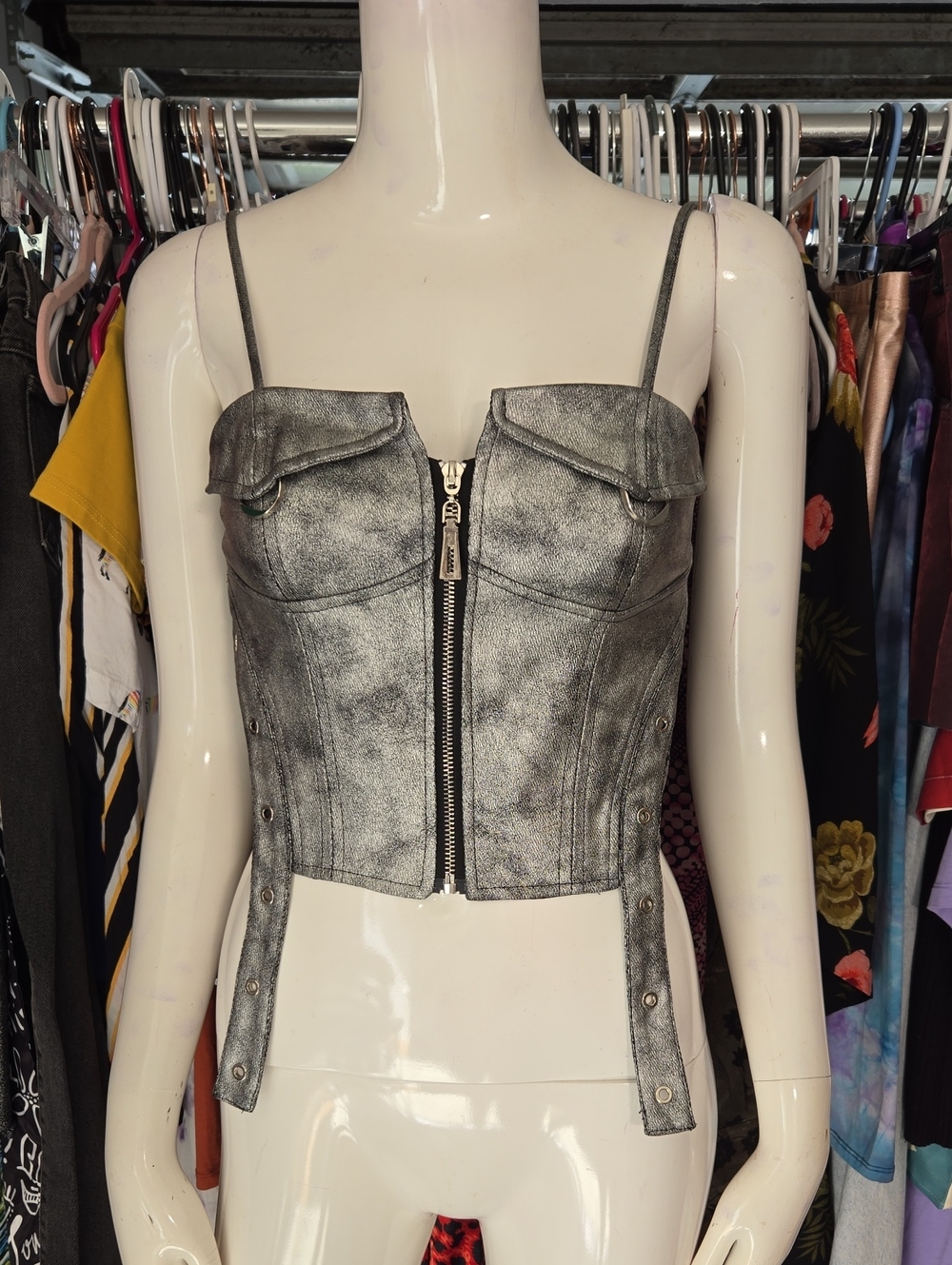 Silver Metallic Zip-Front Corset Tank Top